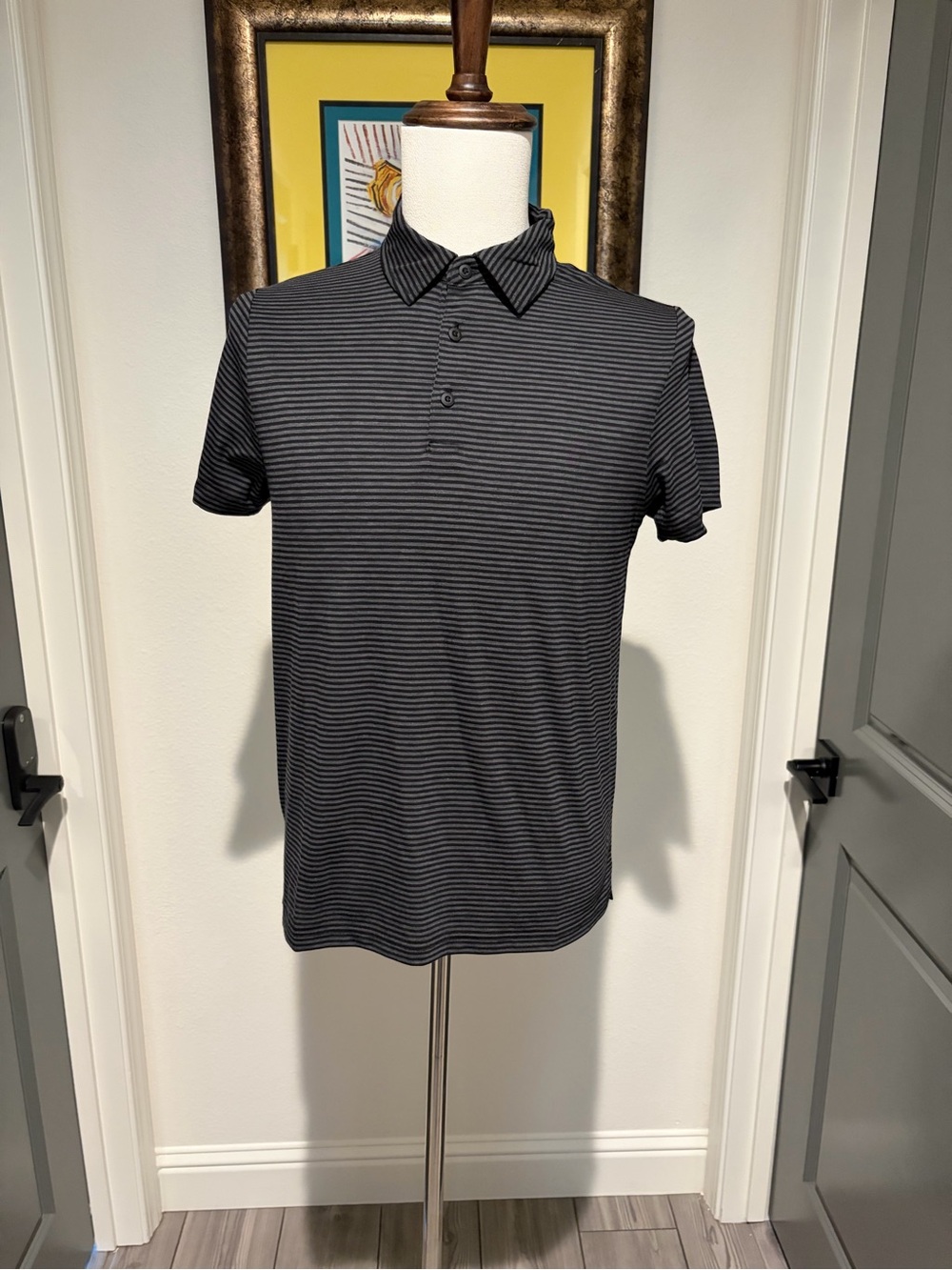 Fresh Clean Threads Men's Striped Short-Sleeve Polo in Black and Gray